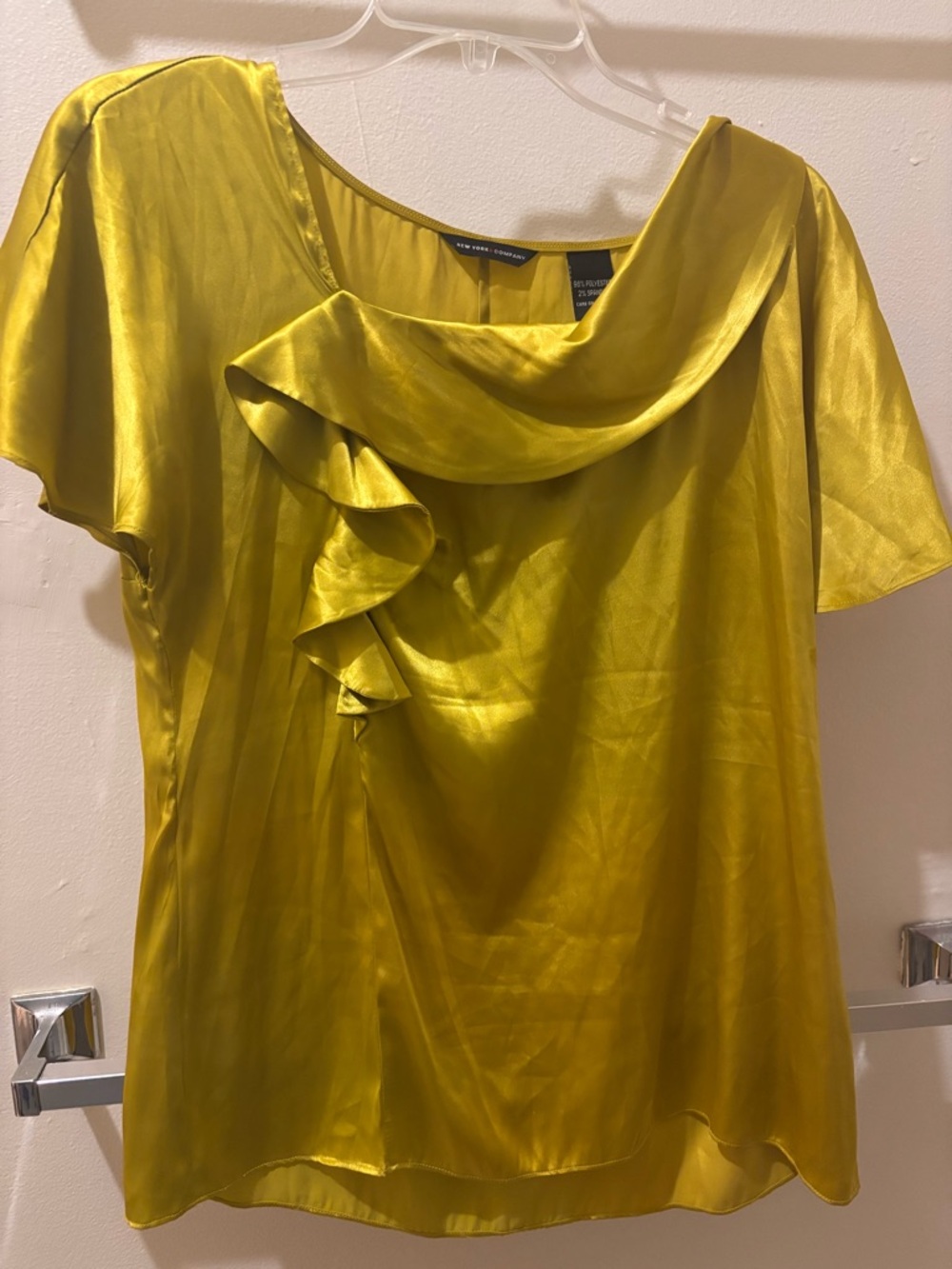 Short sleeve blouse with asymmetrical ruffle golden mustard